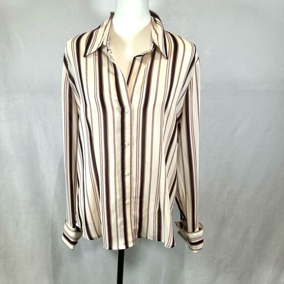 New York & Co long sleeve ivory and burgundy striped button down top size large - Picture 1 of 5